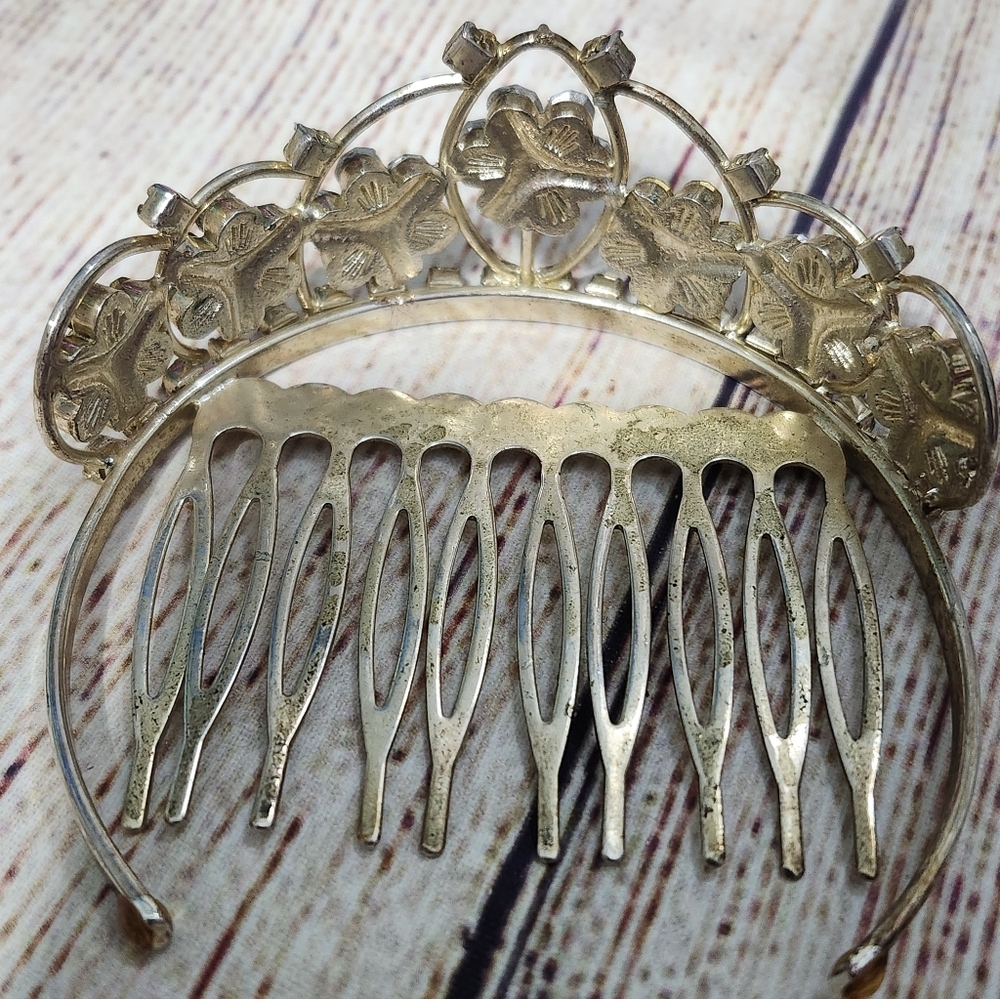 Vintage Light Gold 925 Marked Mini Tiara Rhinestone Comb - Picture 7 of 10